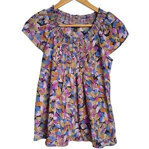 Banana Republic Smocked Neck Sheer Blouse Women Sz Small Multicolor Cap Sleeve